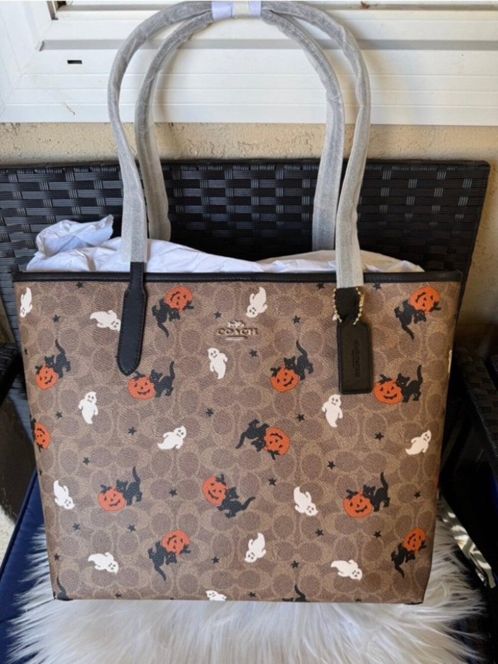Coach Brown Canvas Tote with Halloween Ghost & Pumpkin Motif